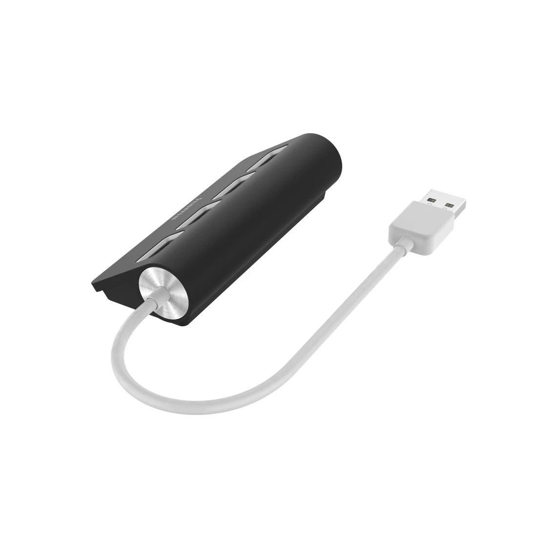 Black and silver electronic device with USB cable on a white background