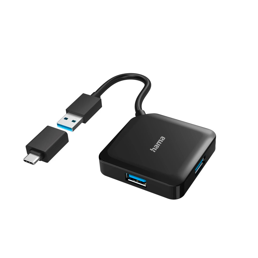 Black USB hub with multiple ports on a white background