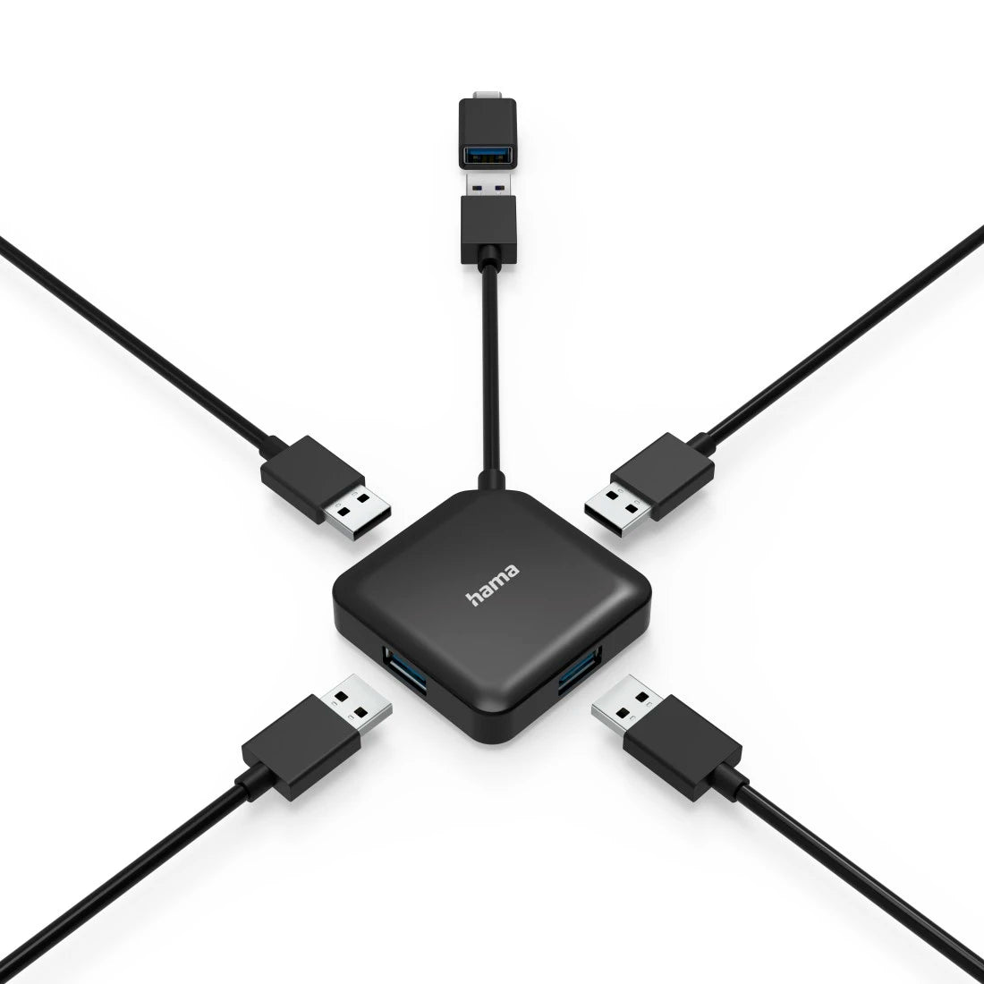 Black USB hub with multiple cables on a white background