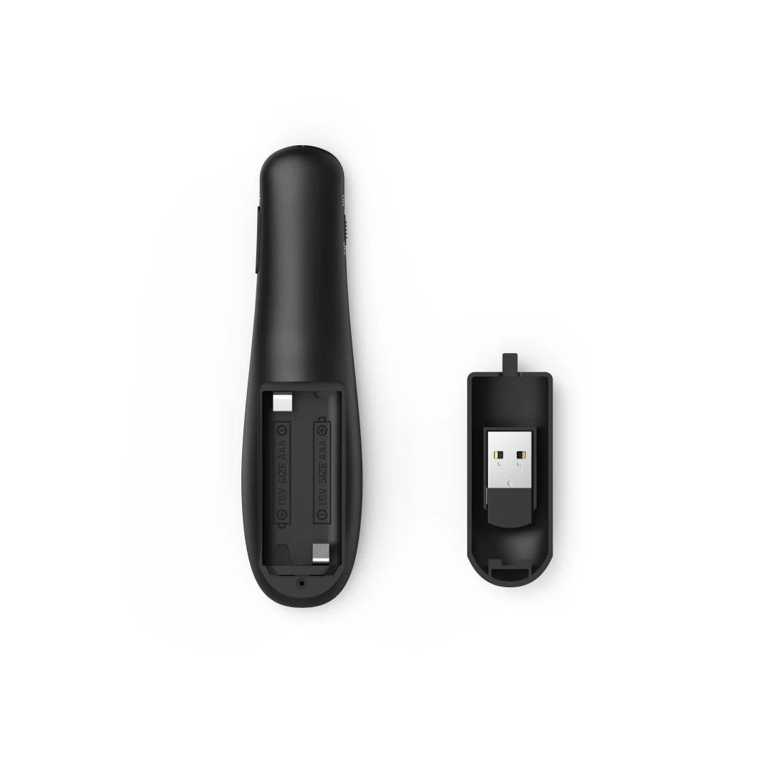 Black electronic device with a smaller component on a white background