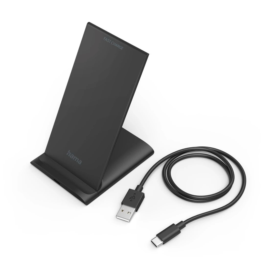 Black wireless charging pad with USB cable on a white background