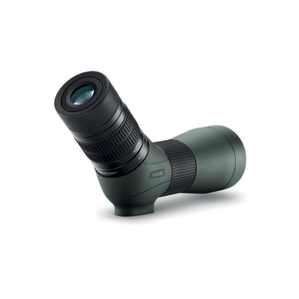Green and black spotting scope on a white background