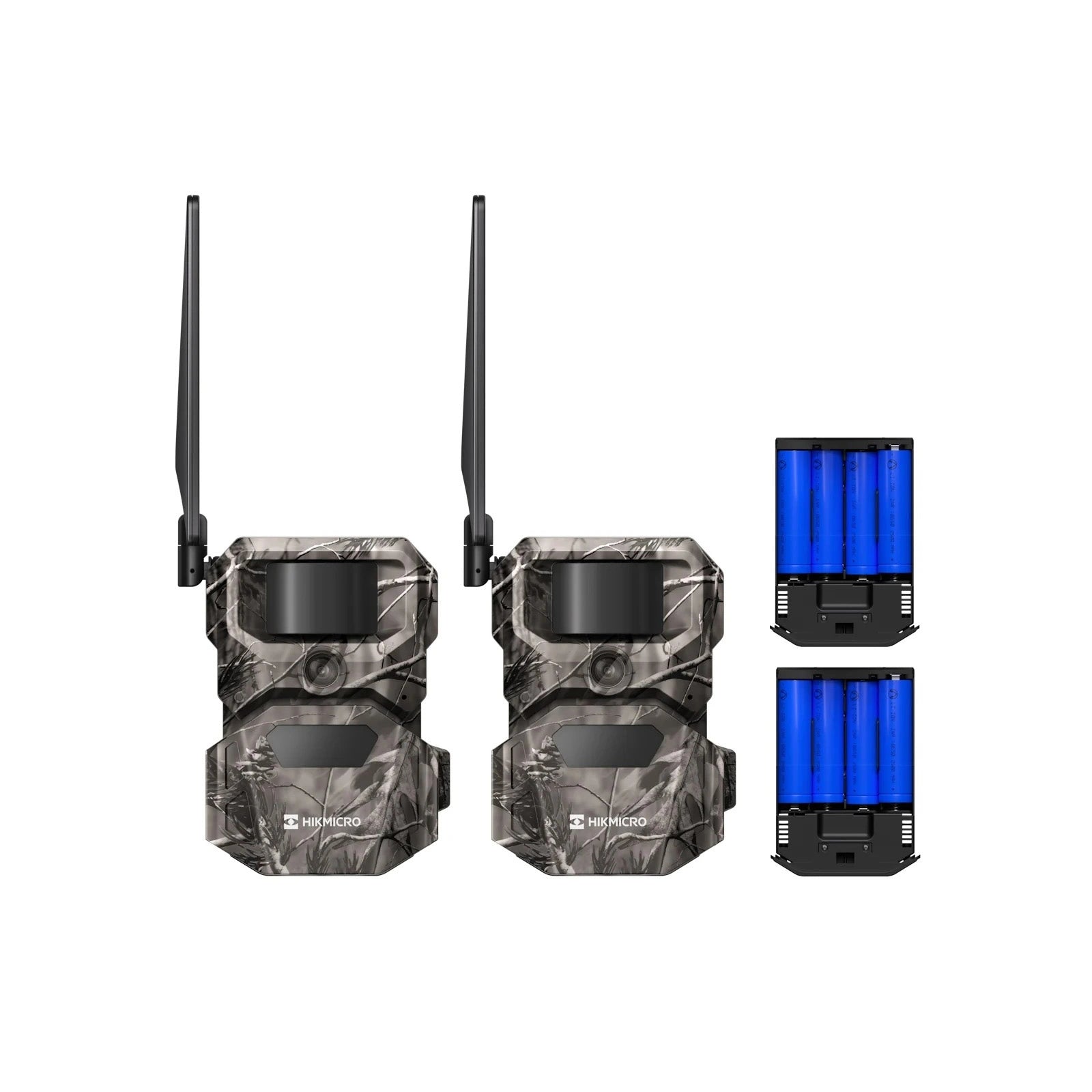 Two HIKMICRO wireless trail cameras with black antennas, shown alongside two blue rechargeable battery packs on a plain white background.