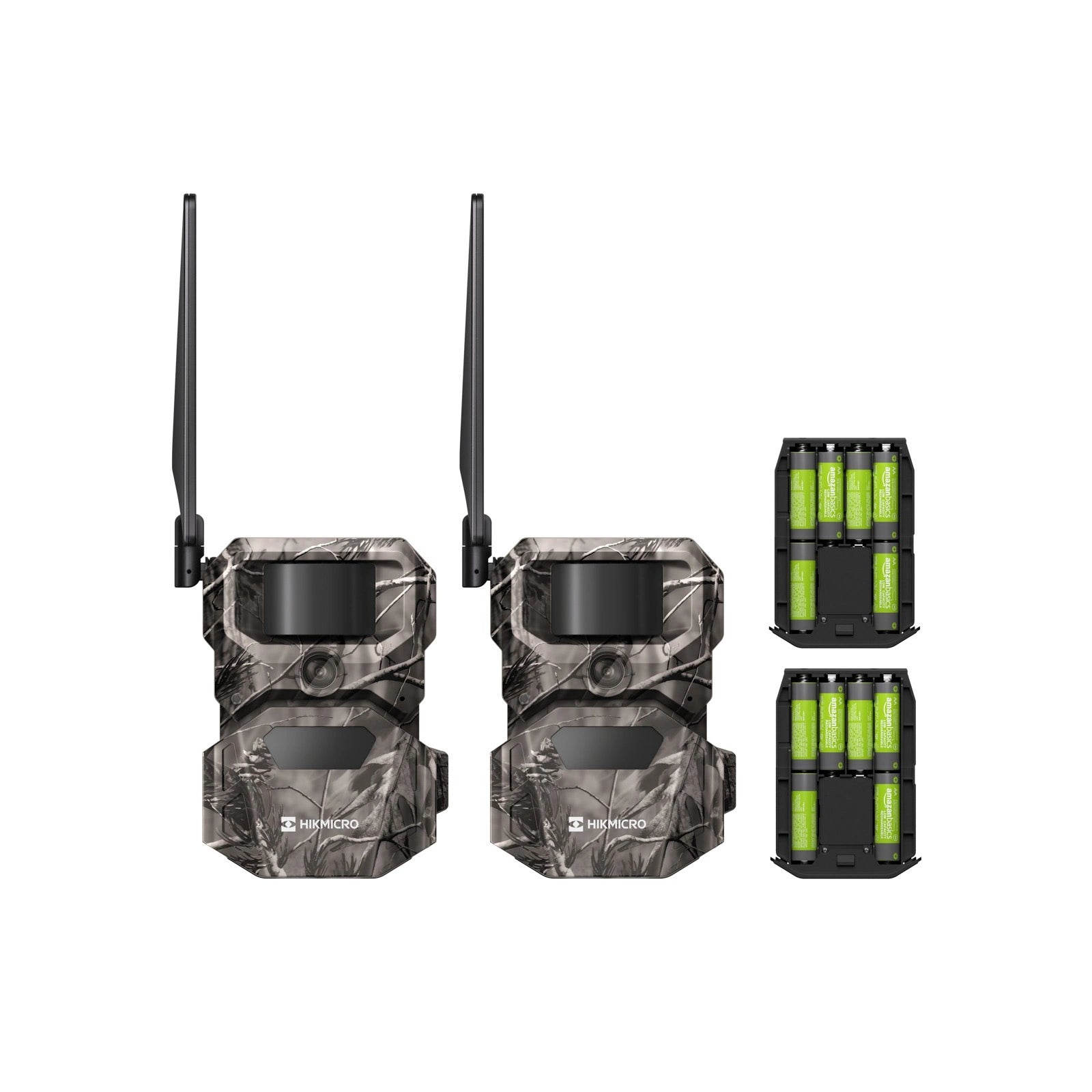Two HIKMICRO outdoor trail cameras with black antennas, shown alongside two black battery chargers containing bright green batteries, on a plain white background.