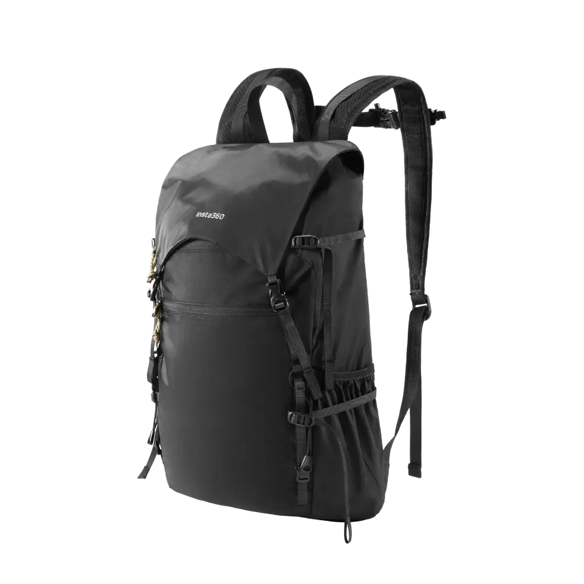 Black backpack with visible brand logo on a white background