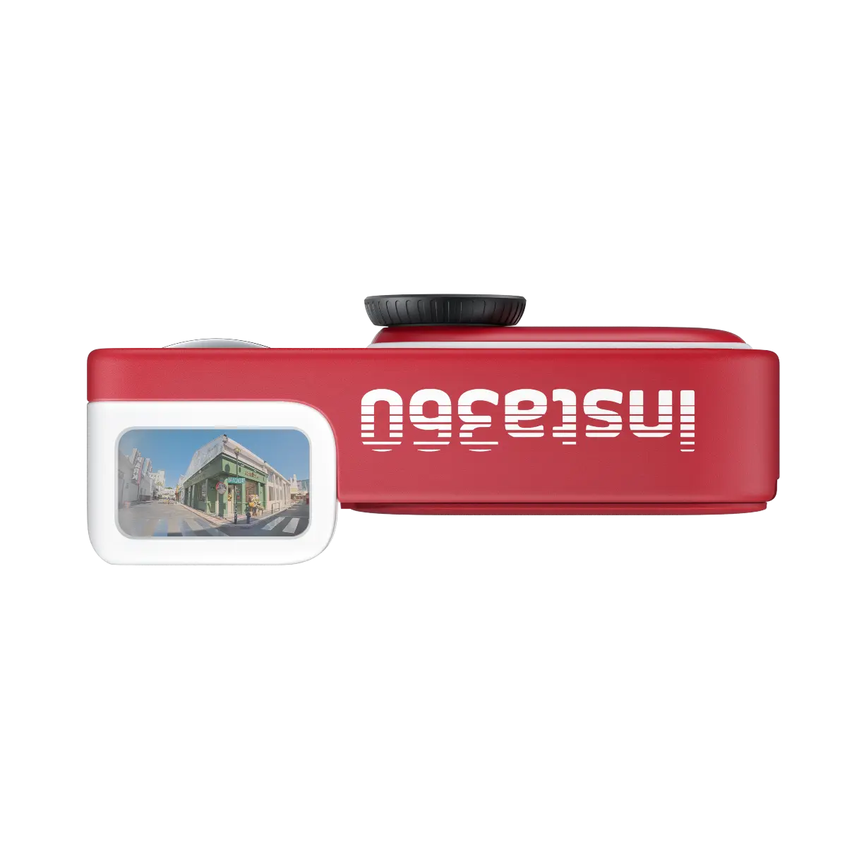 Red camera with 'Instax' branding on a white background