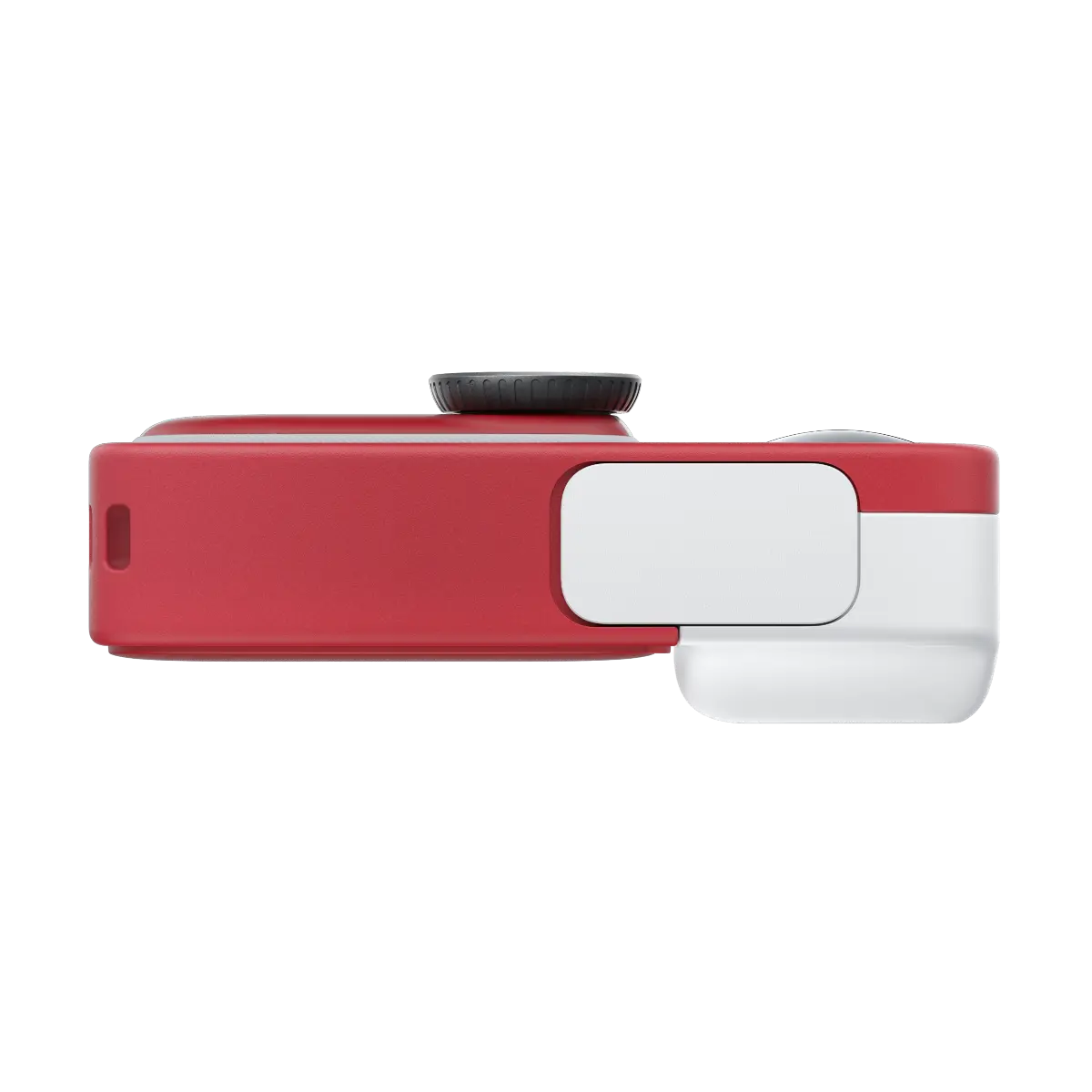 Red and white electronic device on a white background