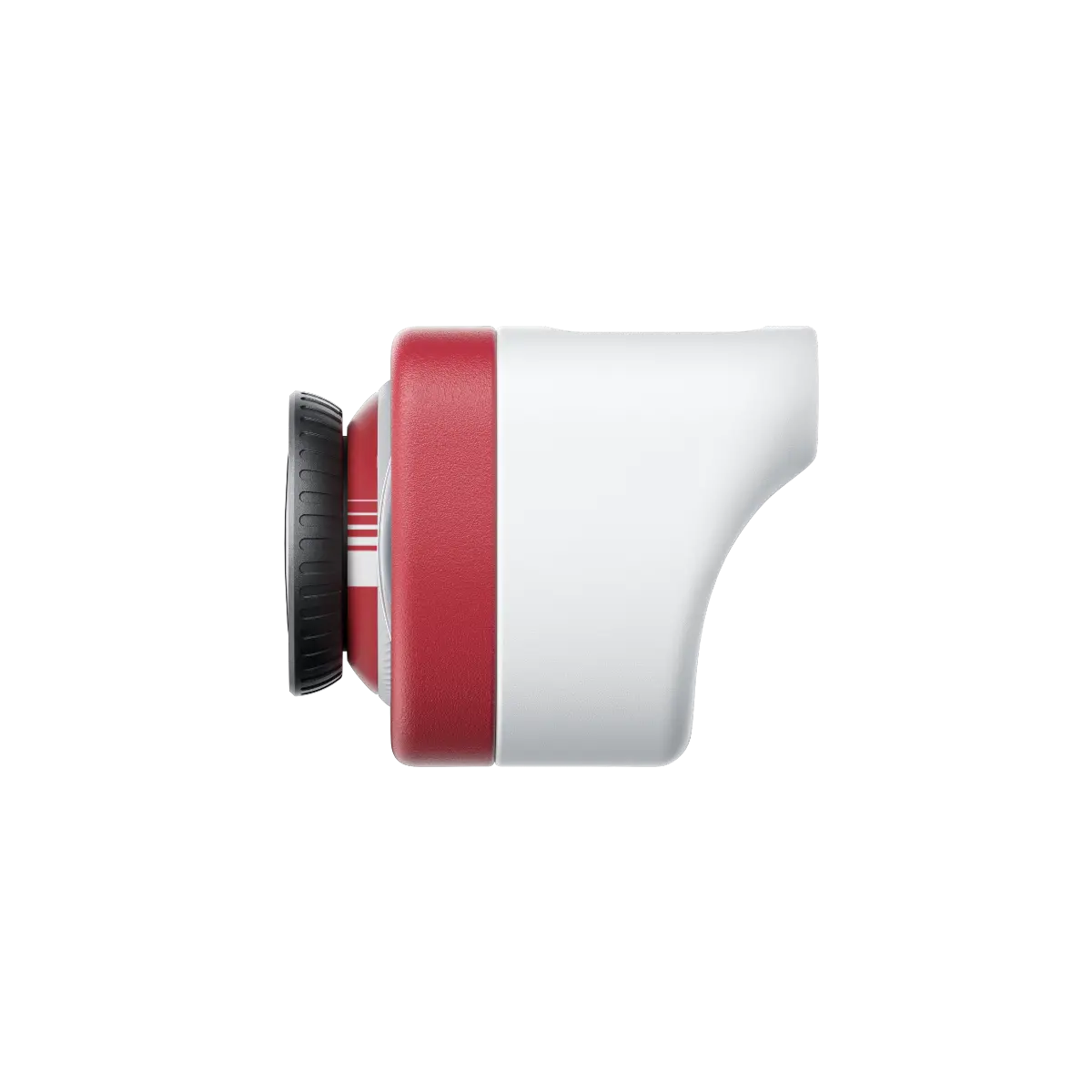 Camera lens with red and white design on a white background