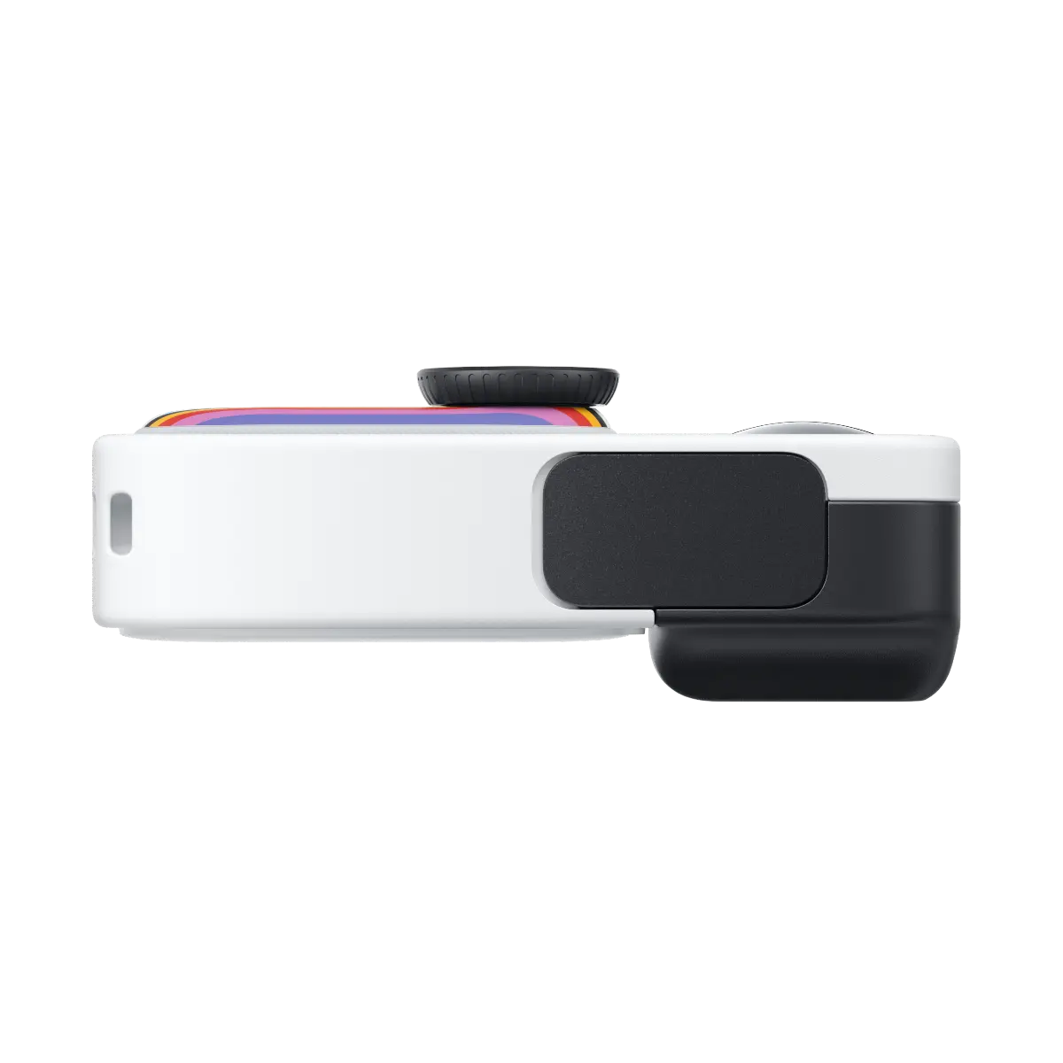 White and black device with colorful accents on a white background