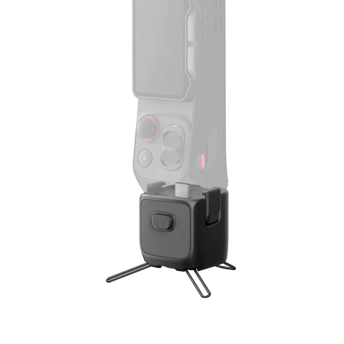 Black stand with a gray electronic device on a white background