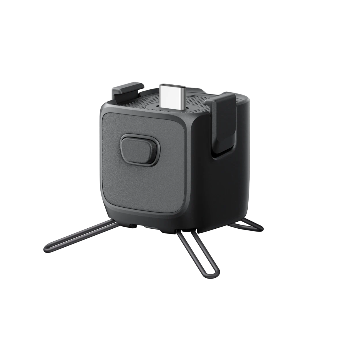 Black stand with a small rectangular object on a white background