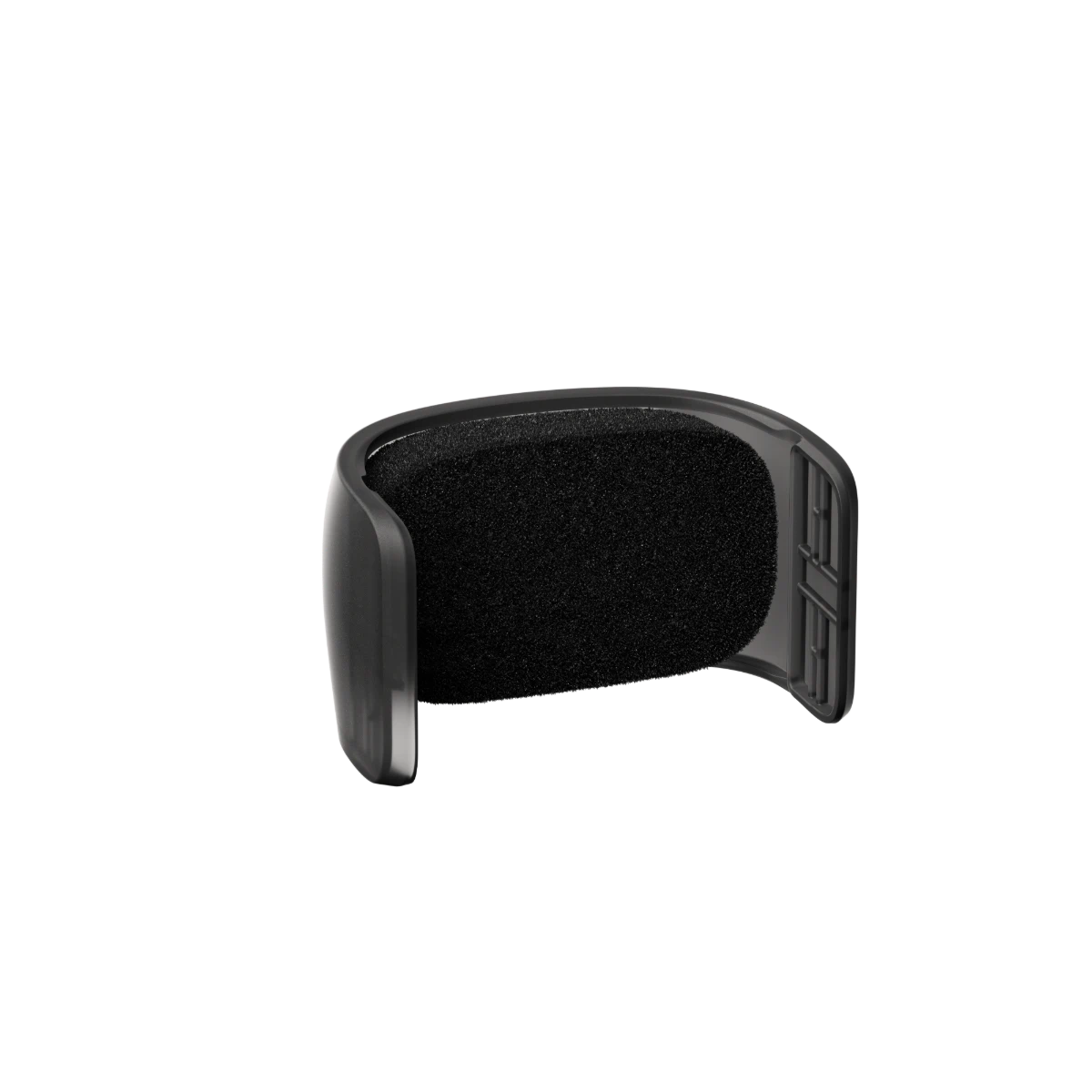 Black office chair armrest on a white background