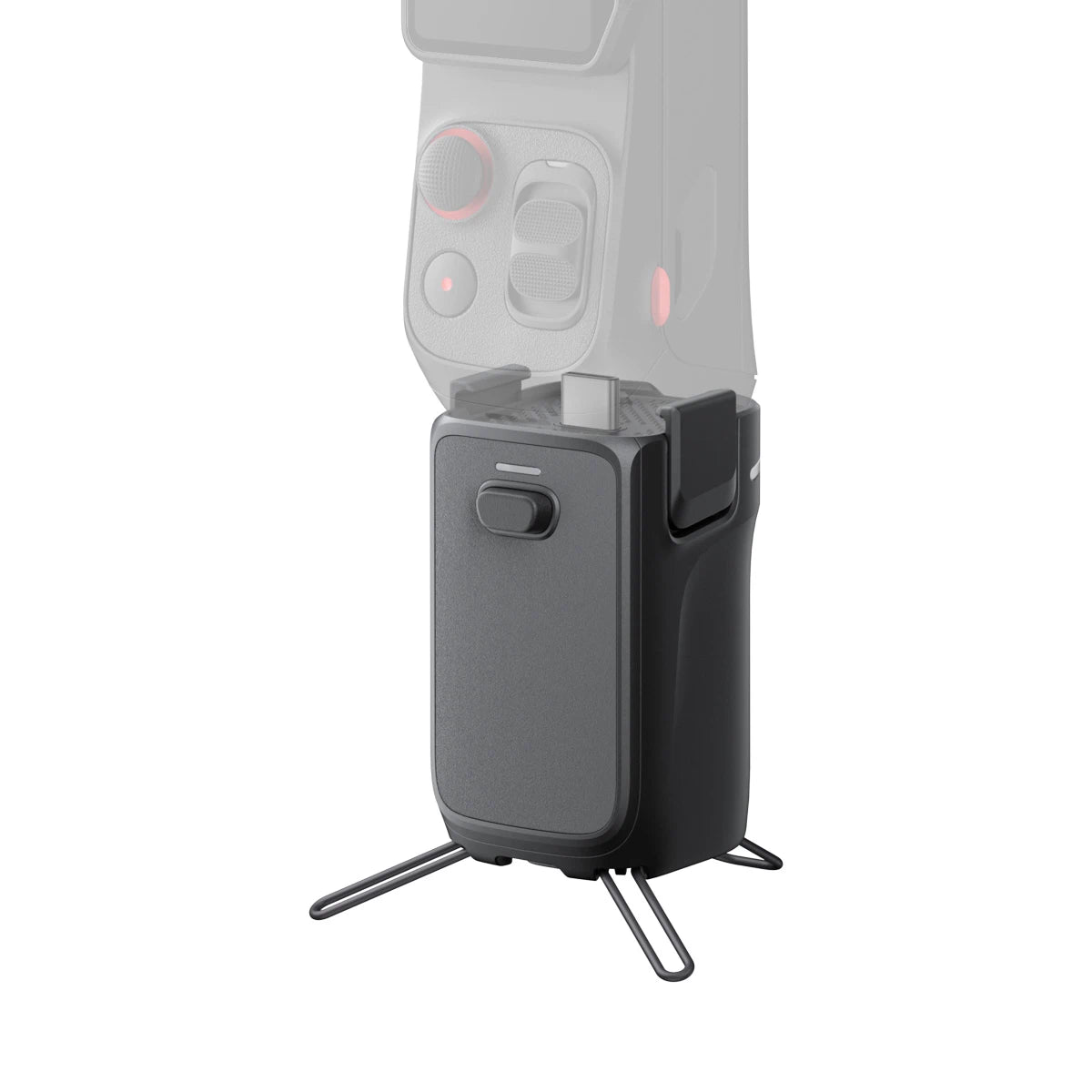 Gray stand with a small device on top against a white background