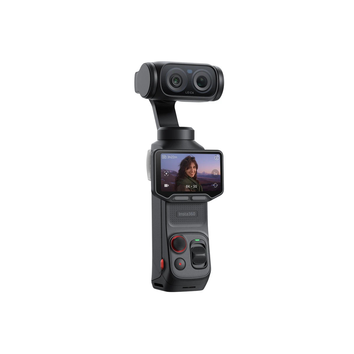 Handheld camera with screen displaying a person on a white background