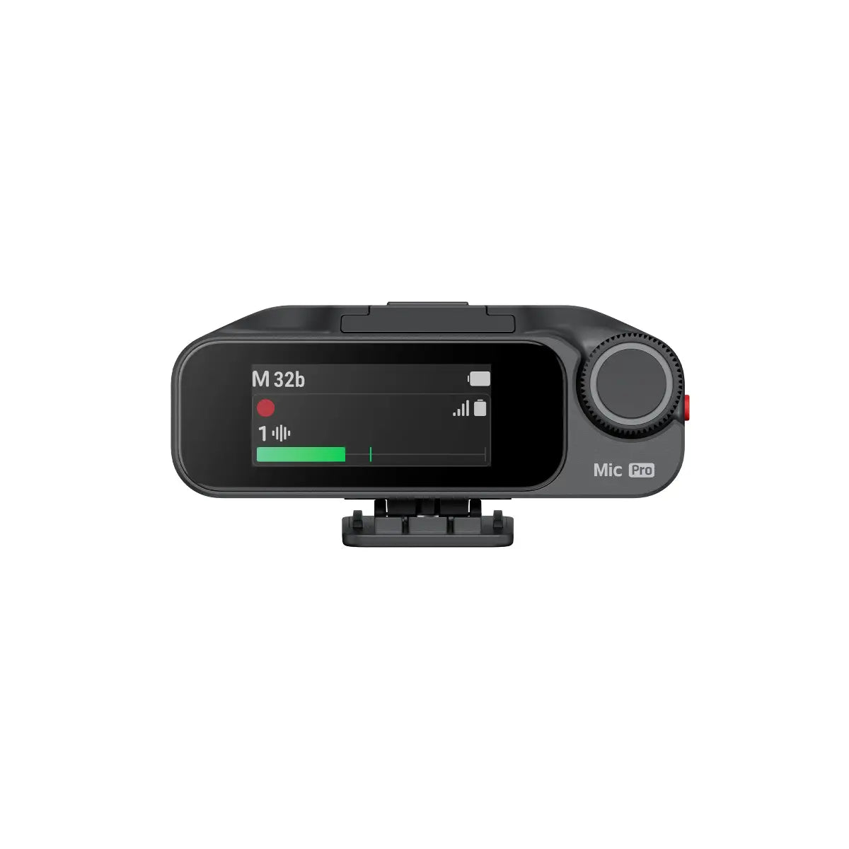 Black microphone with digital display on a white background