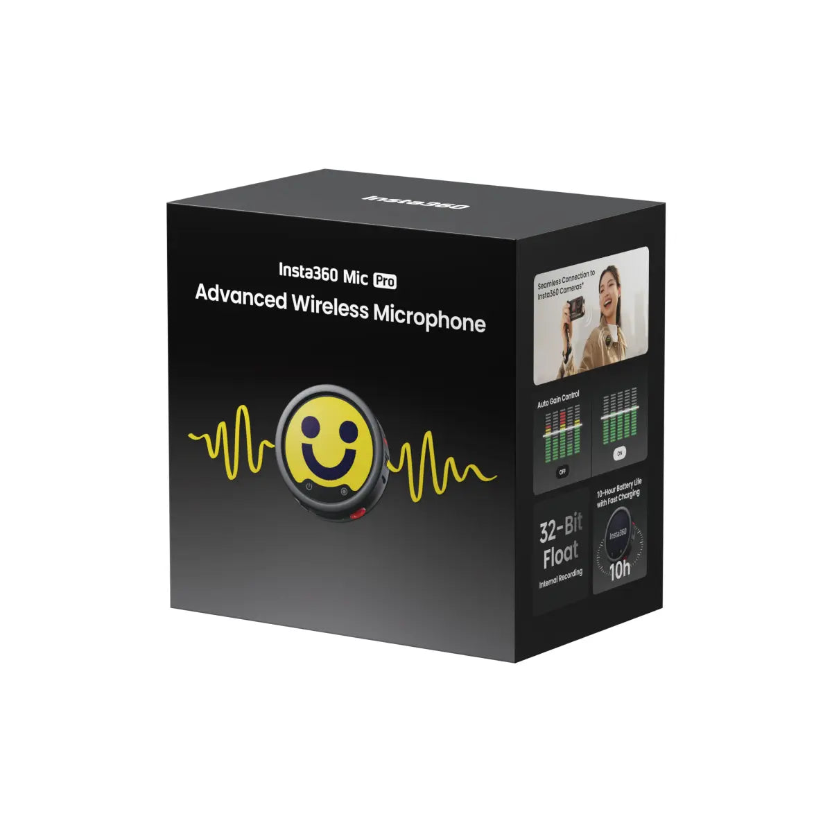 Box of Insta360 Mic Pro Advanced Wireless Microphone on a white background