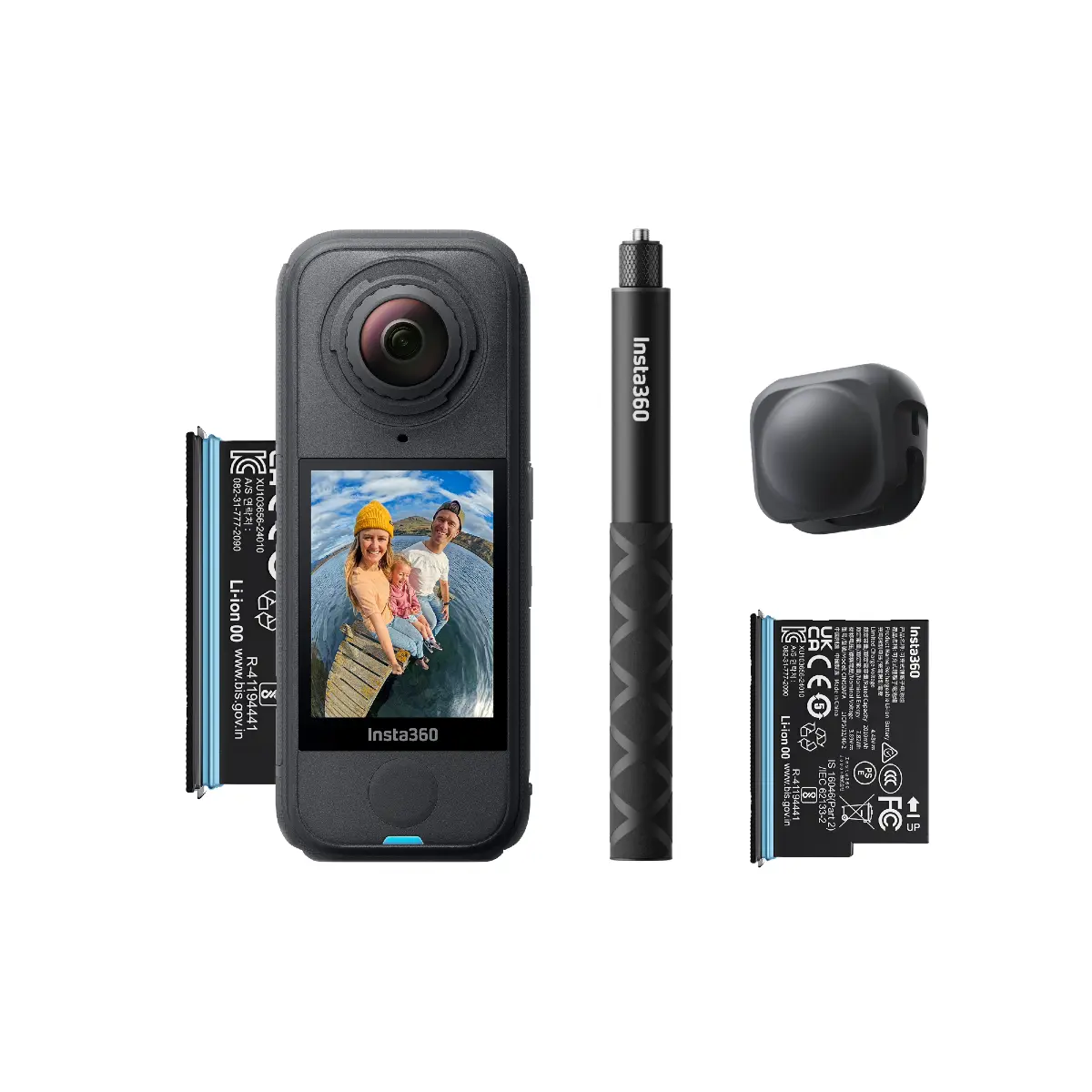 Insta360 camera with accessories on a white background
