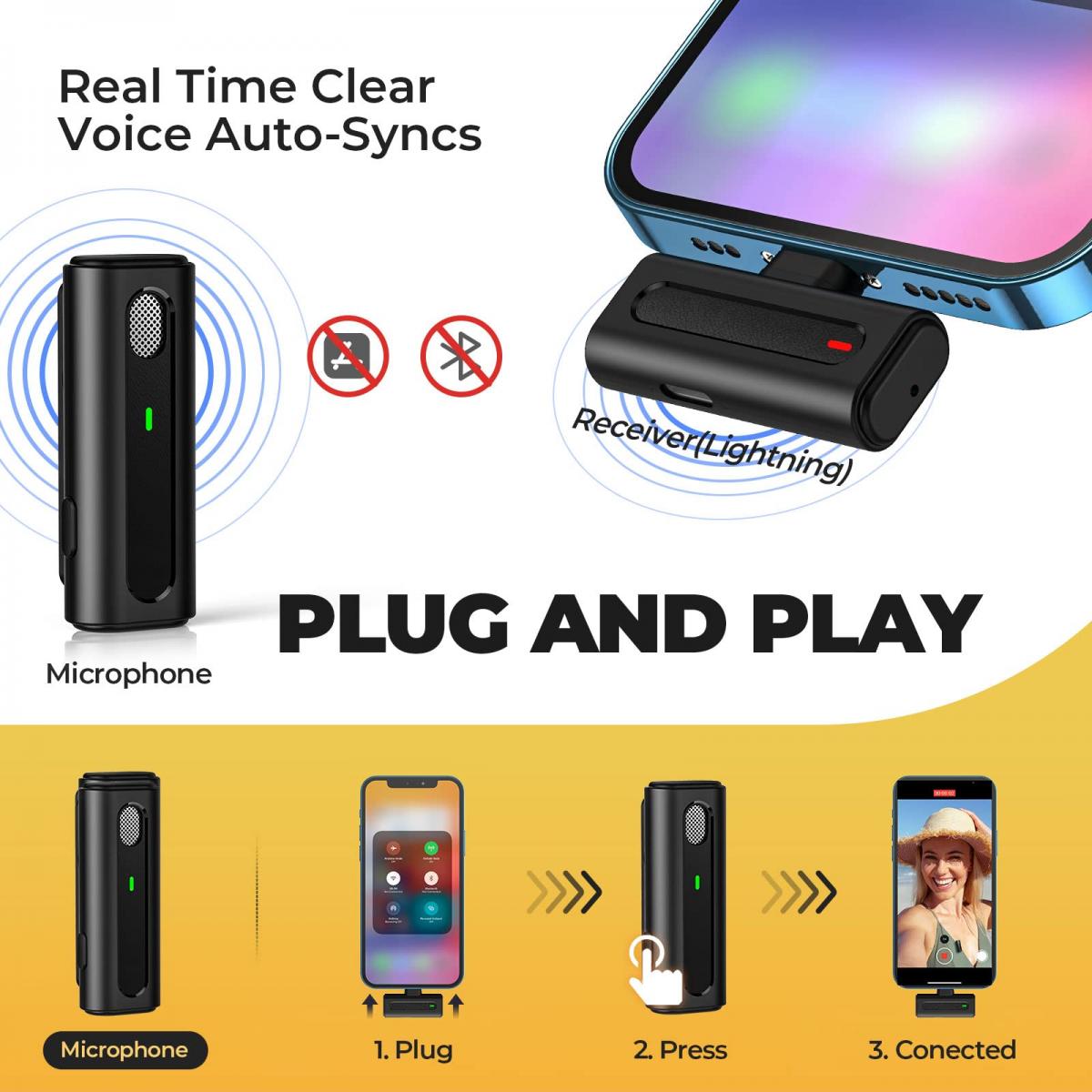 K&F M9 Wireless Lavalier Microphone Plug-Play Noise Reduction Auto-Sync