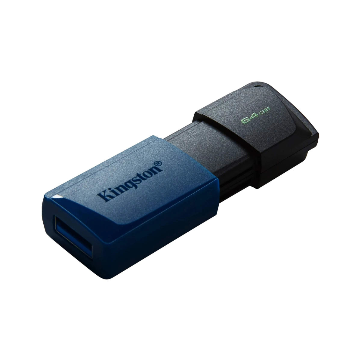 Kingston 64 GB USB flash drive in blue and black, shown partially uncapped on a white background.