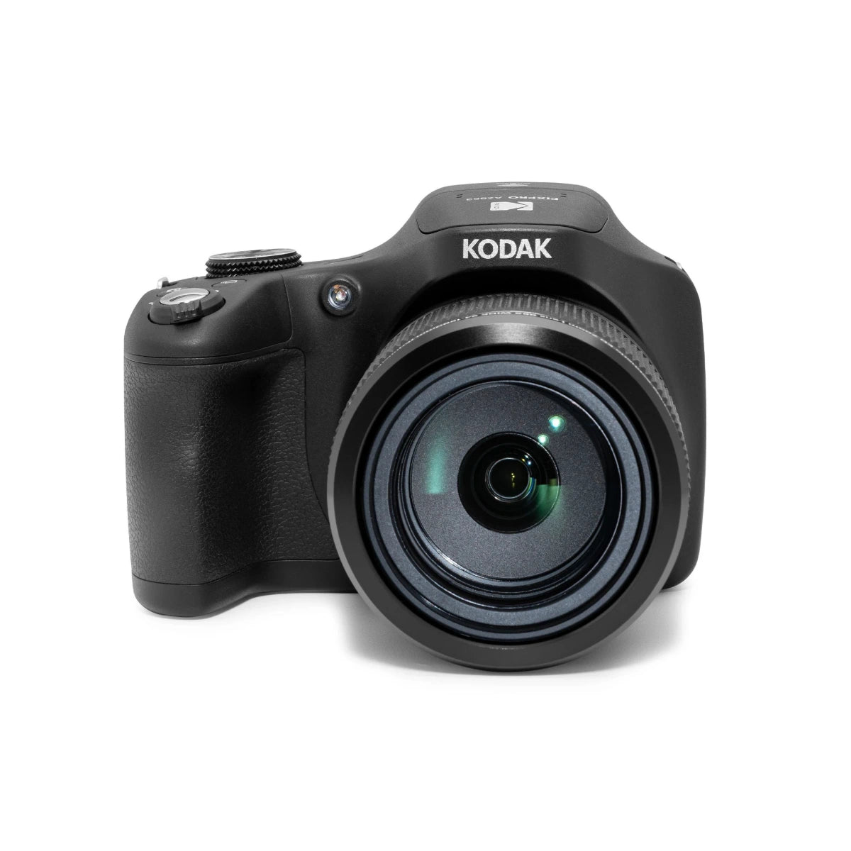 A black Kodak digital camera with a large lens, shown from a front-three-quarter angle on a clean white background.