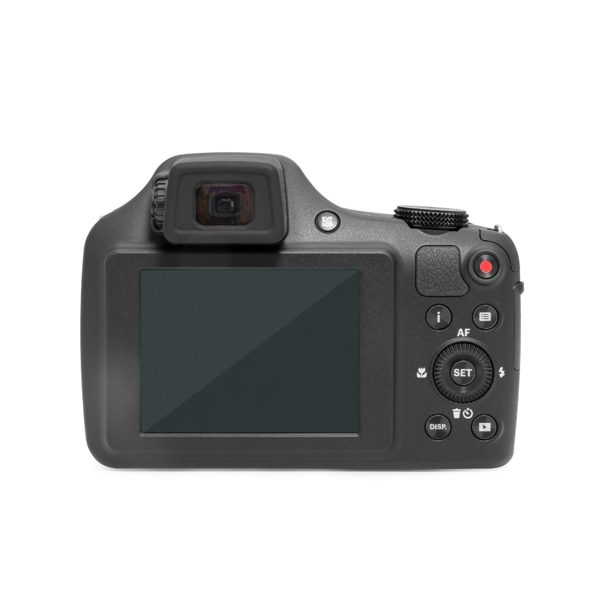 The rear view of a black digital camera body with a large LCD screen, viewfinder window, mode dial, and control buttons on a plain white background.