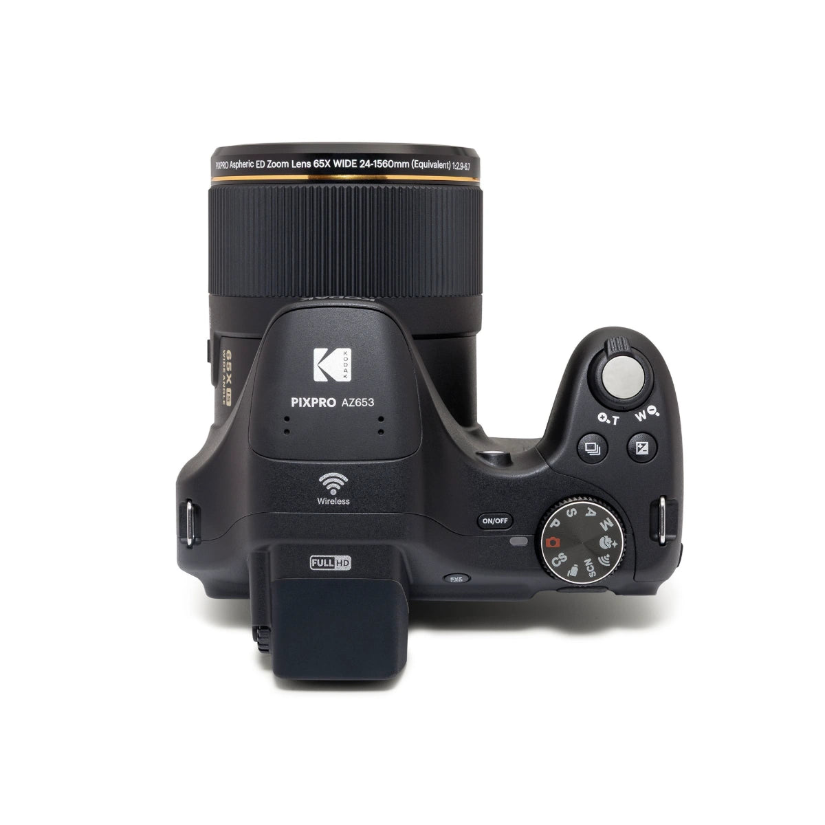 A black Kodak Pixpro A2065 DSLR camera body with an attached zoom lens, shown from a top-down view on a white background.