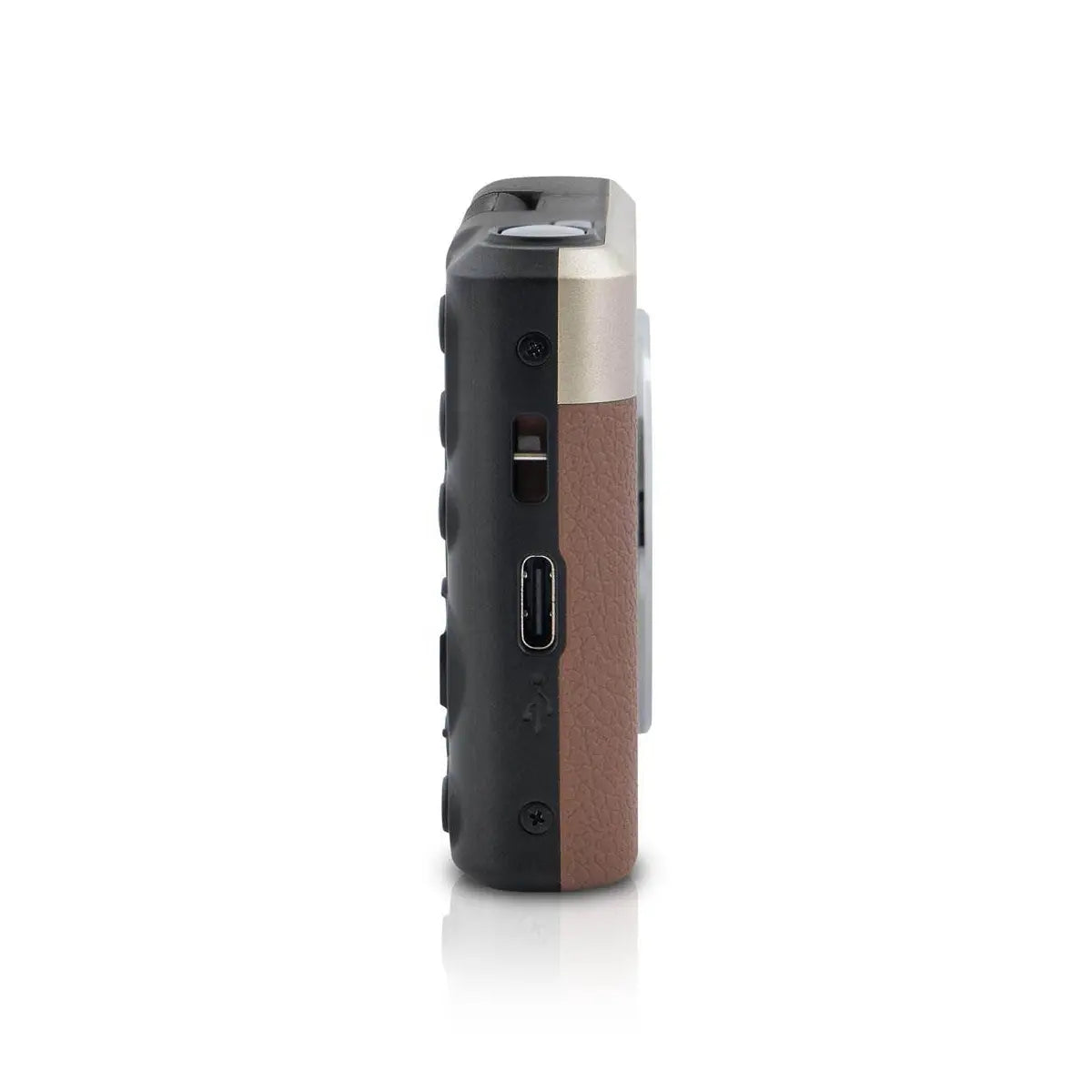 Side view of a electronic device with metallic and brown finish on a white background