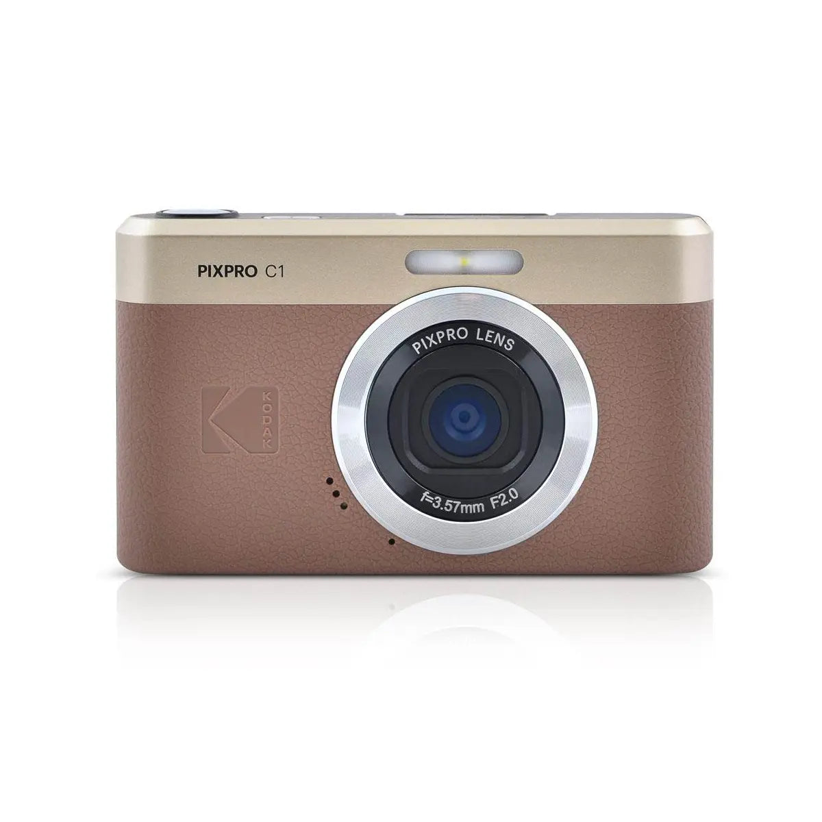 Brown digital camera with 'Kodak' logo on a white background