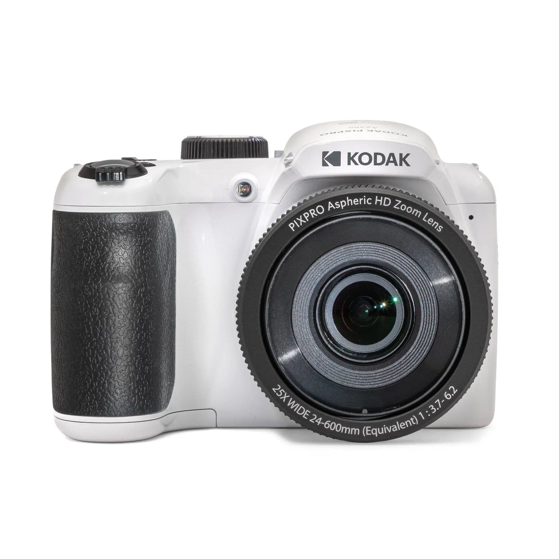 Kodak camera with a white body and black lens on a white background