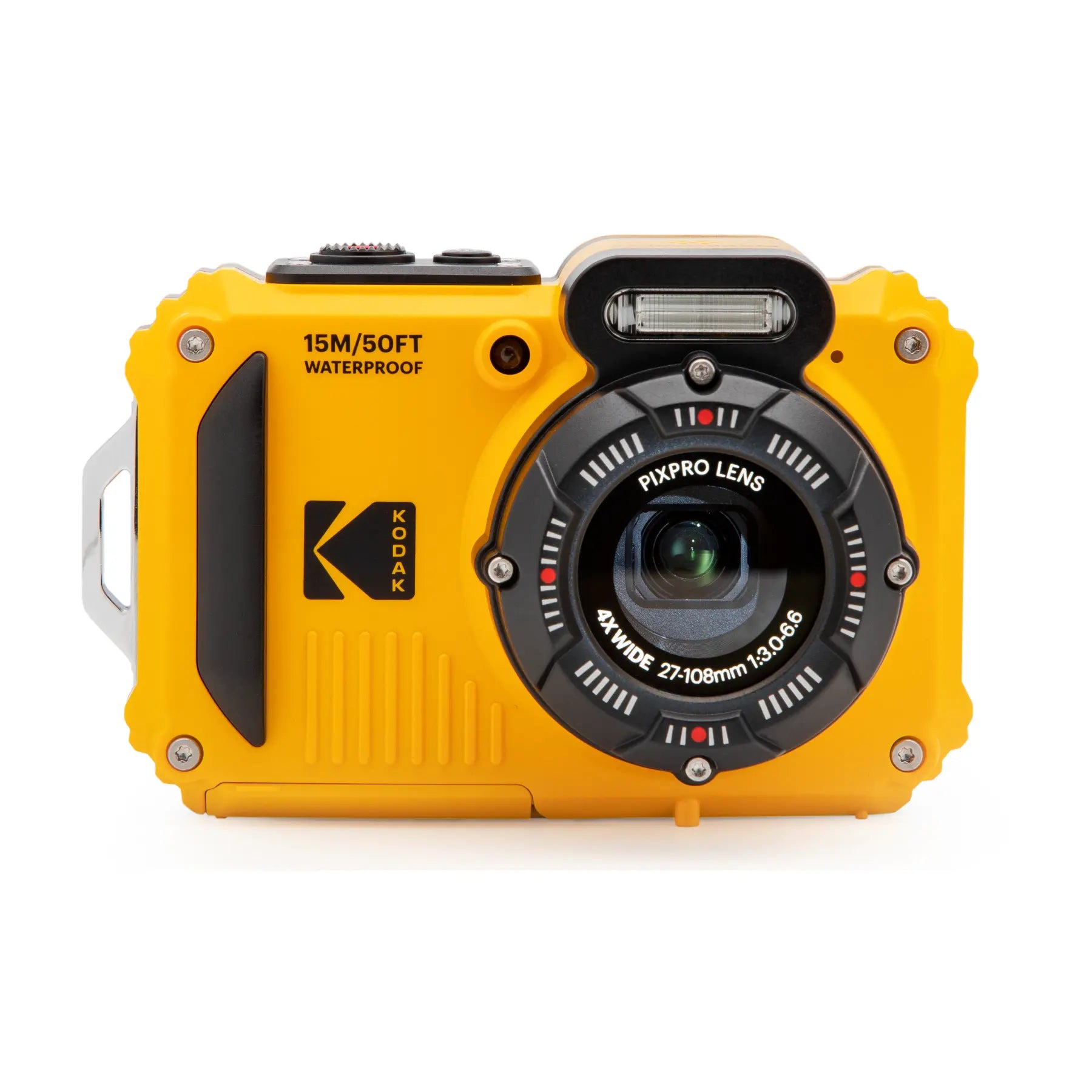 Yellow Kodak camera with waterproof feature on a white background
