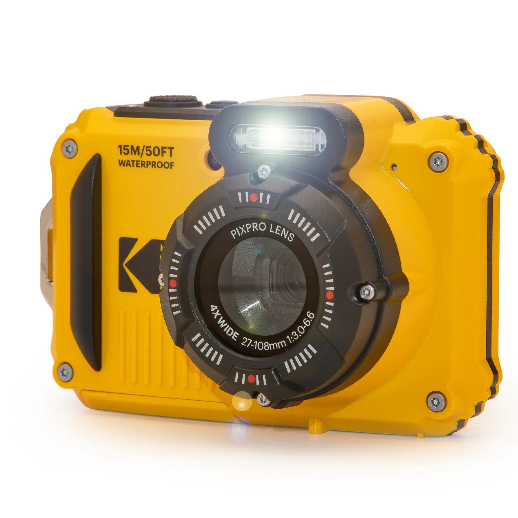 Yellow underwater camera with black lens on a white background