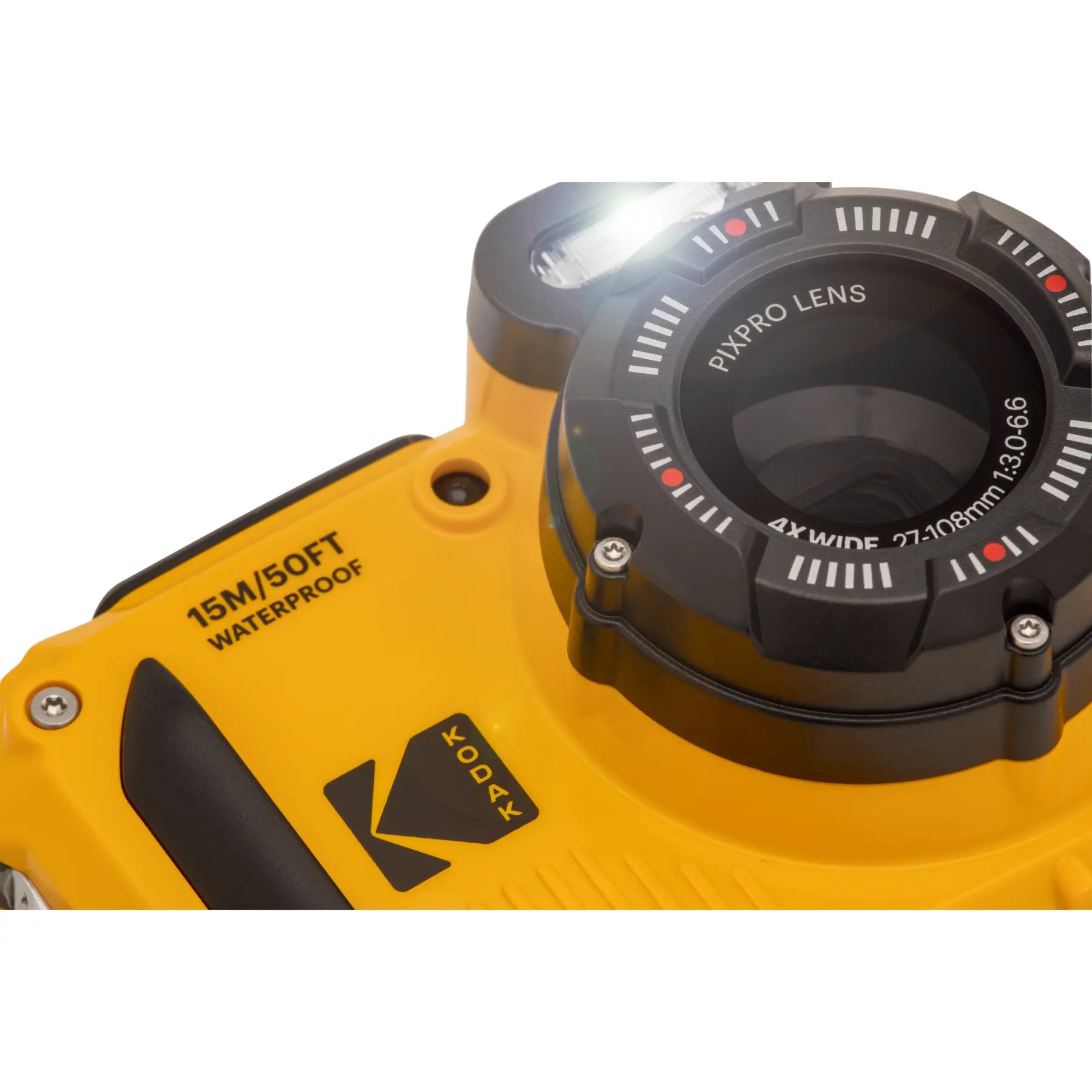 Yellow and black camera with lens and waterproof label on a white background