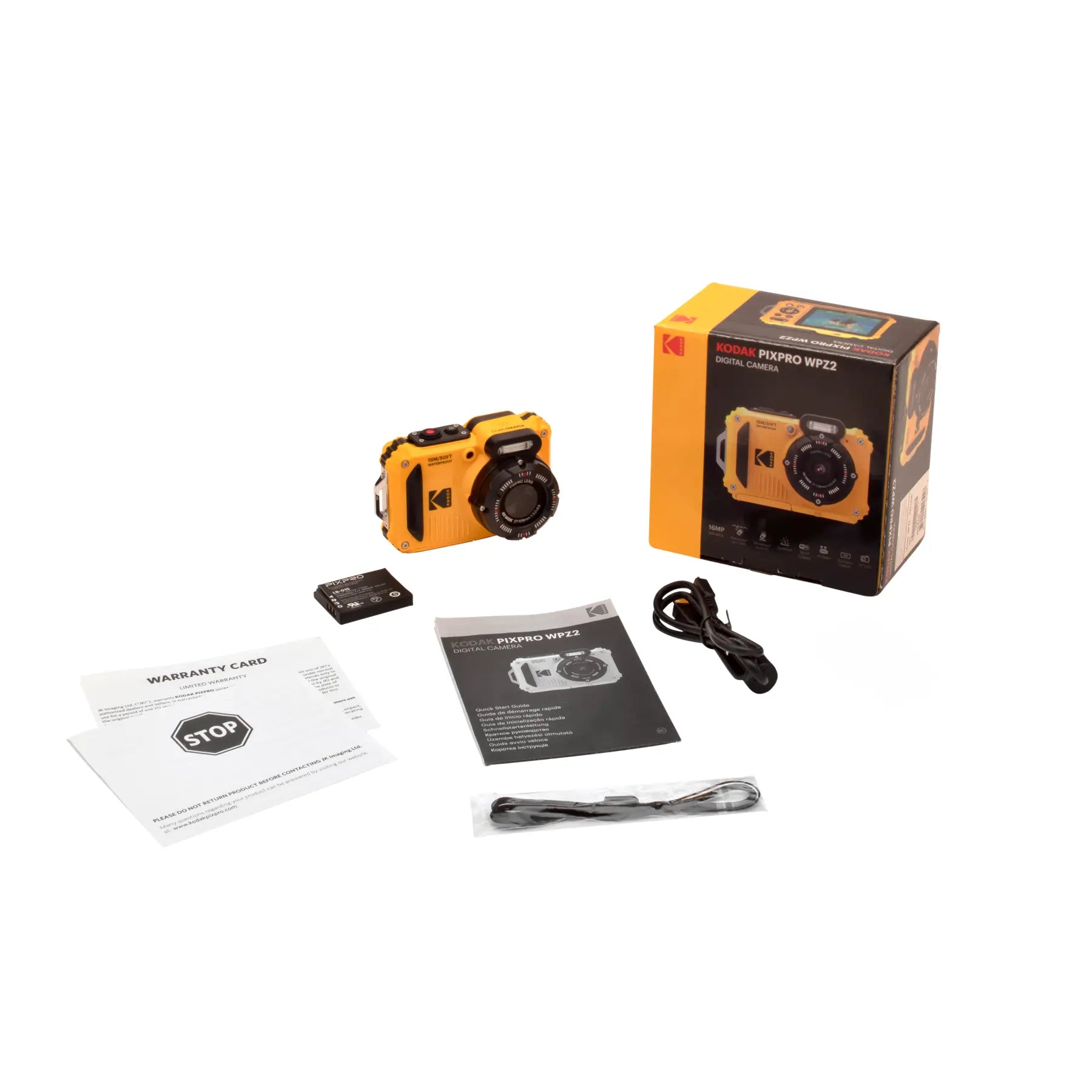 Camera with accessories and packaging on a white background