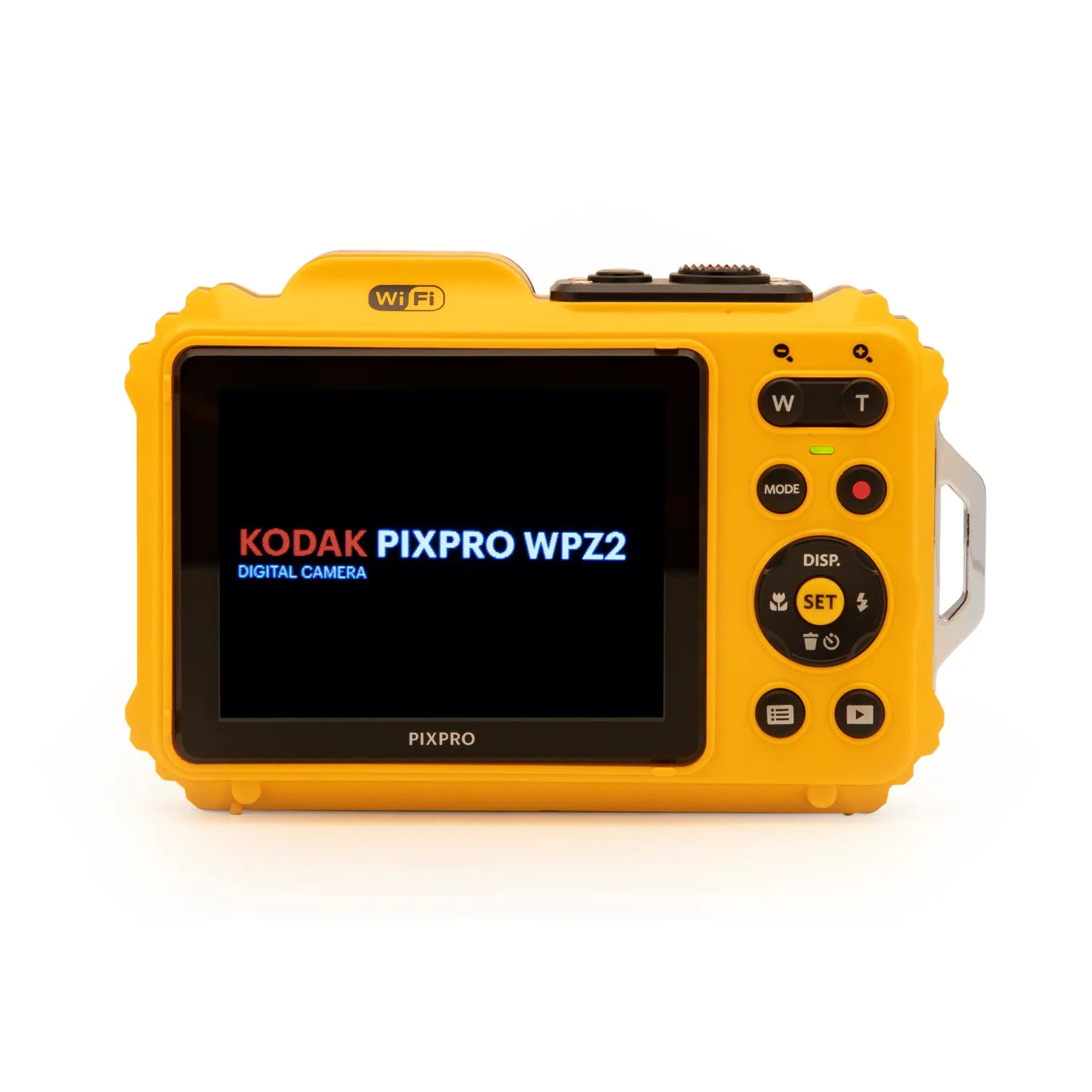 Yellow Kodak Pixpro WPZ2 digital camera on a white background