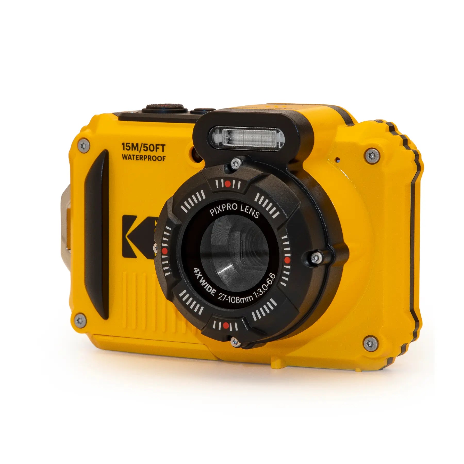 Yellow waterproof camera with black lens on a white background