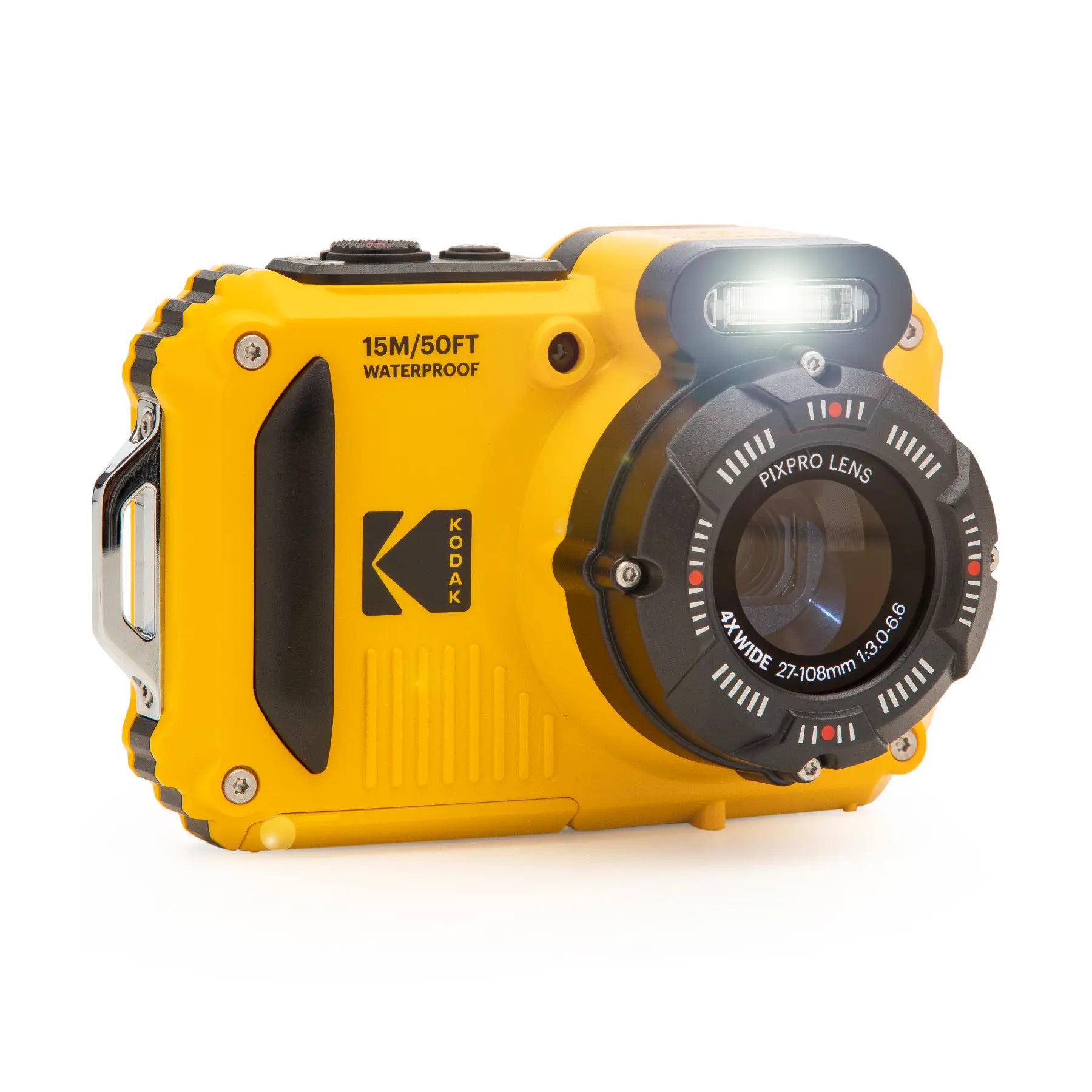 Yellow waterproof camera with Kodak logo on a white background