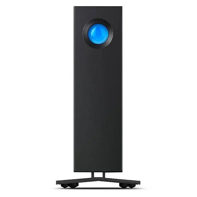 Black computer tower with a blue light on a white background
