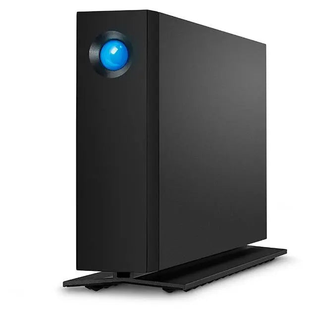 Black external hard drive with blue light on a white background