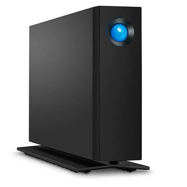 Black external hard drive with blue light on a white background
