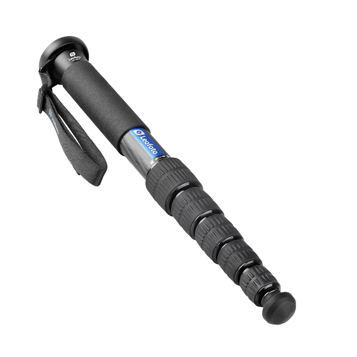 Black adjustable monopod with a brand logo on a white background