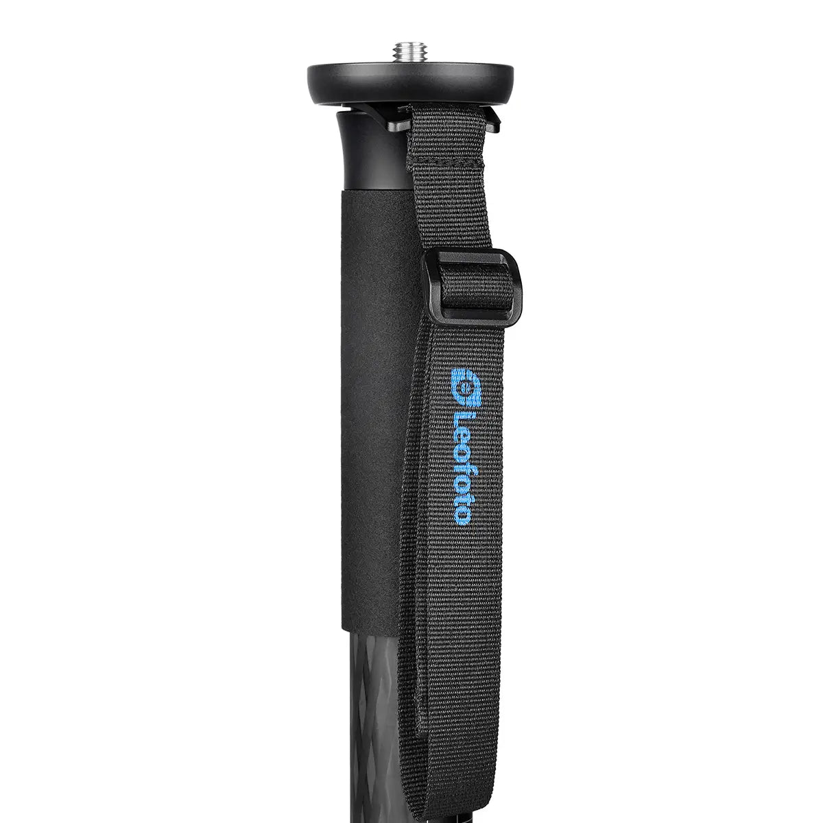 Black selfie stick with Leofoto logo on a white background