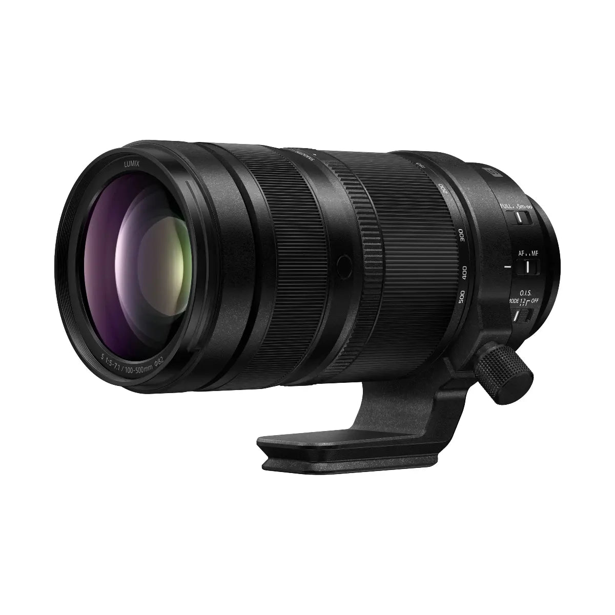 Camera lens with focus ring on a white background