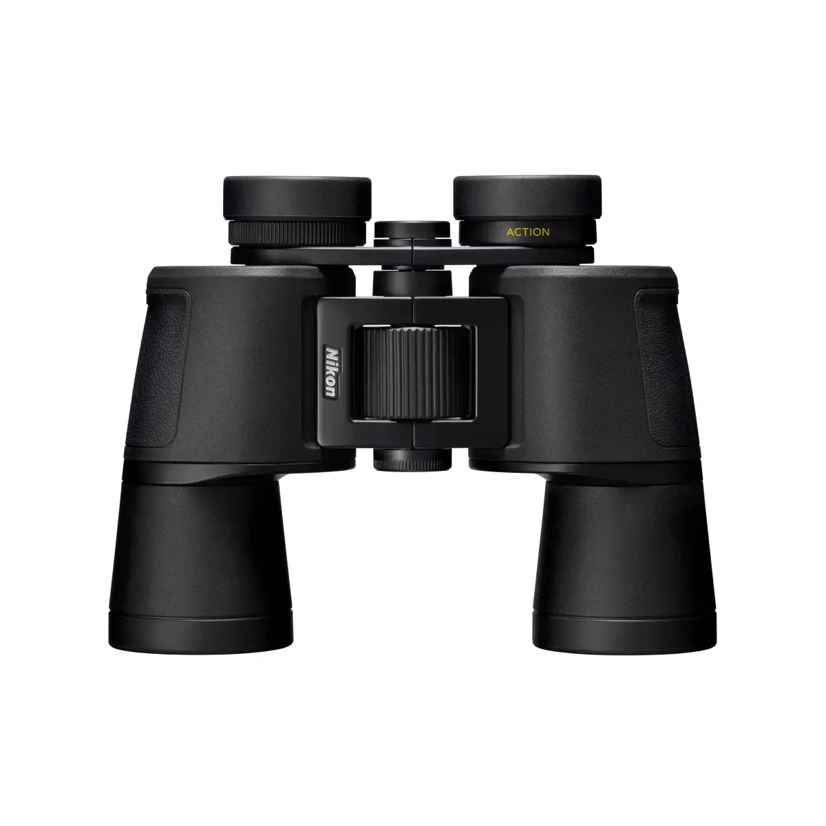Black binoculars with 'Nikon' branding on a white background