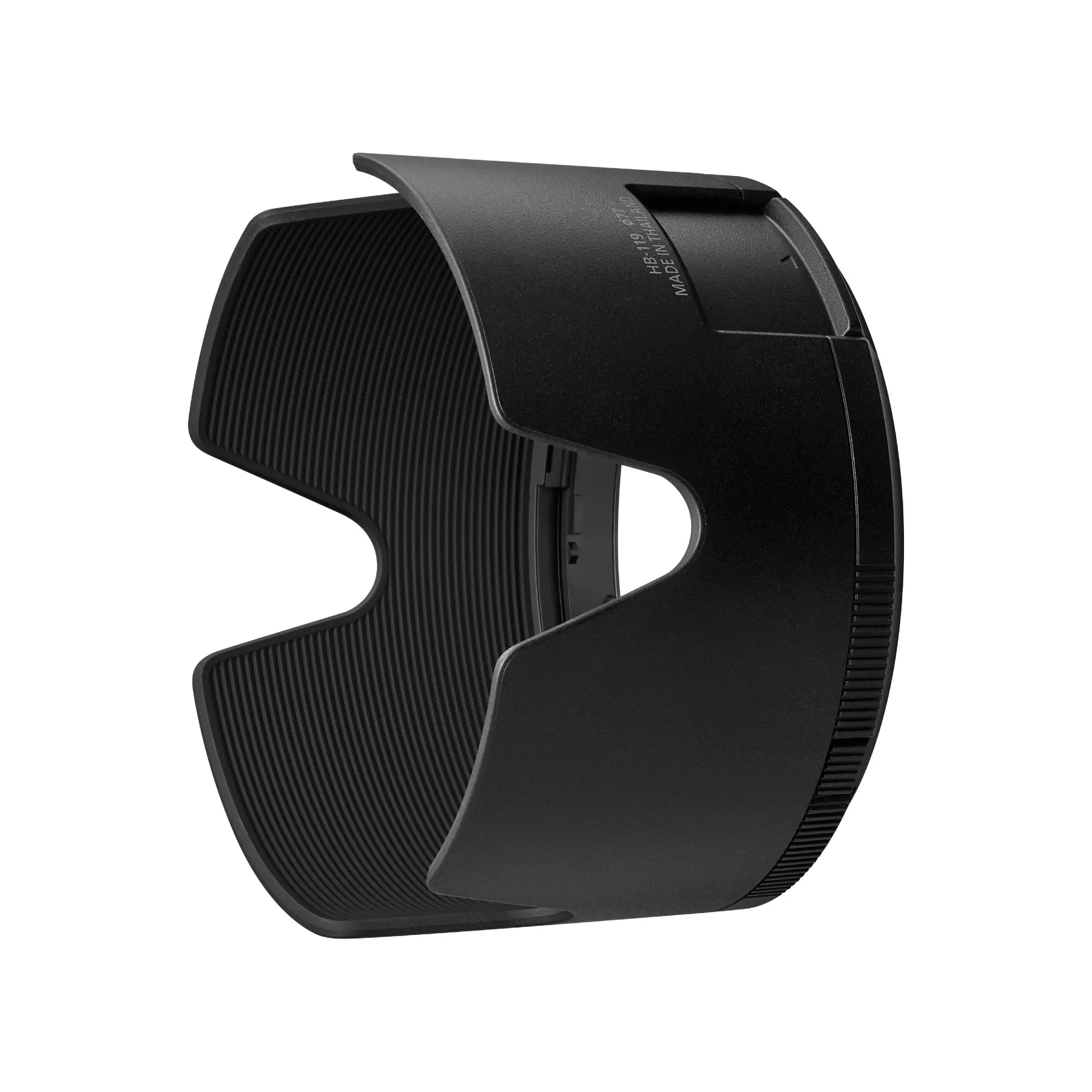 Black camera lens hood on a white background