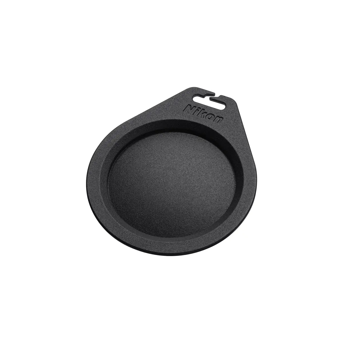 Black camera lens cover with Nikon branding on a white background
