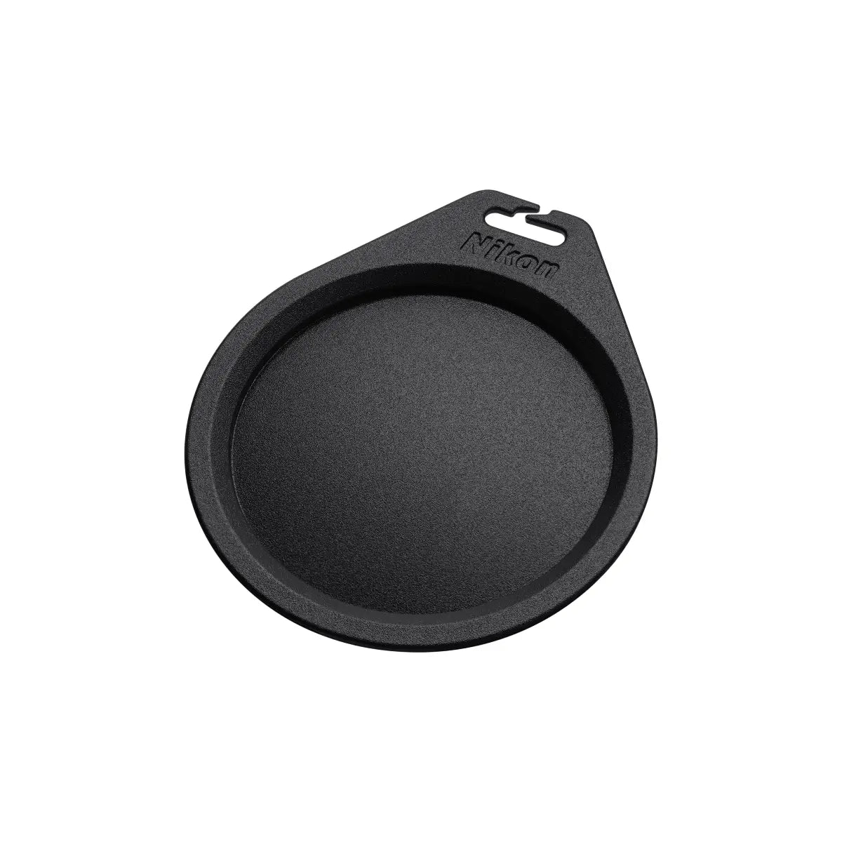 Black camera lens cover with Nikon branding on a white background