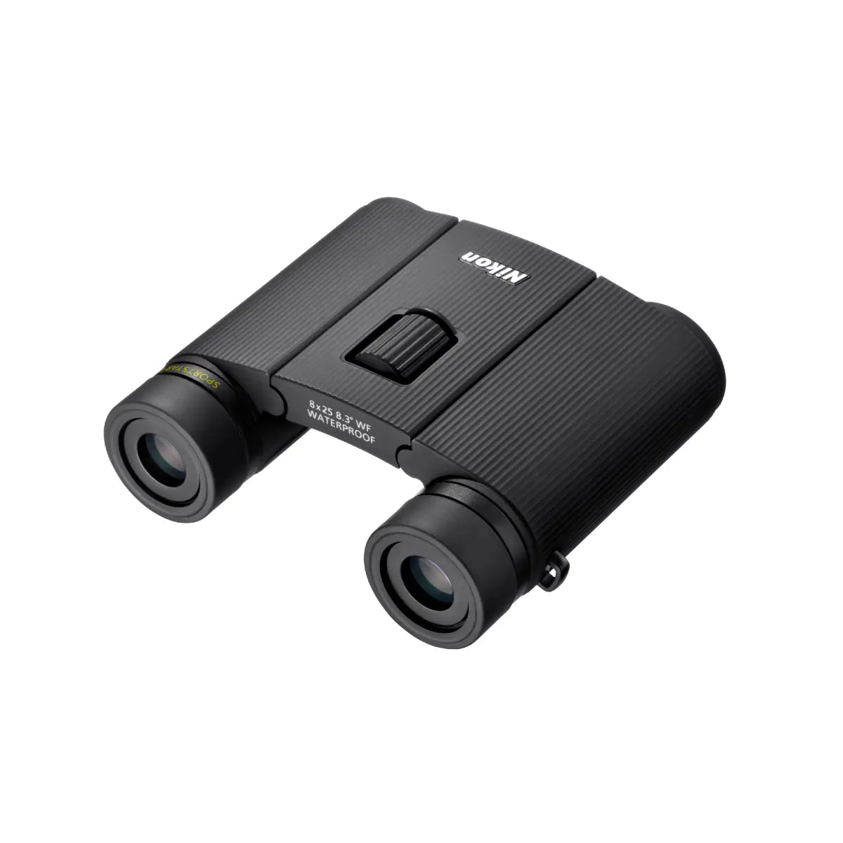 Black binoculars with Nikon branding on a white background