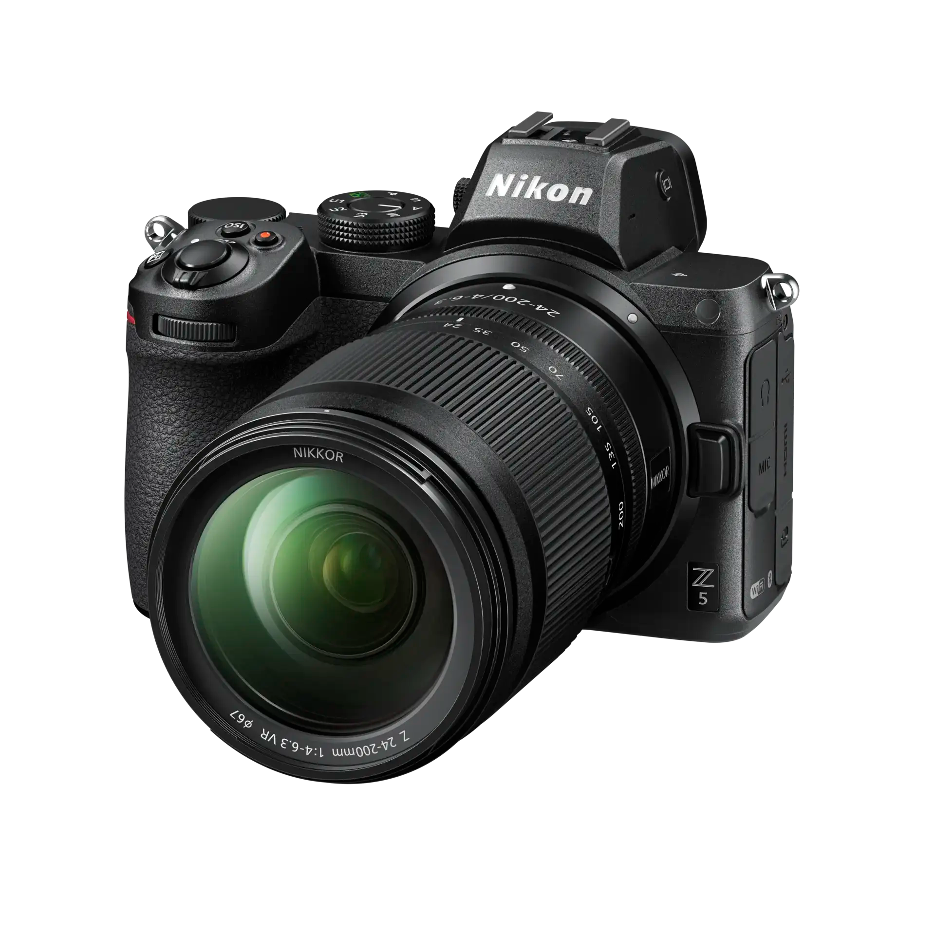 A Nikon Z5 Mirrorless Camera with the NIKKOR Z 24-200mm lens attached, displayed against a plain background.