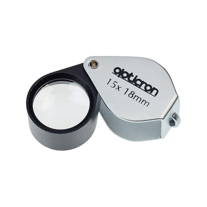 Opticron magnifying glass with 15x and 18mm specifications on a white background