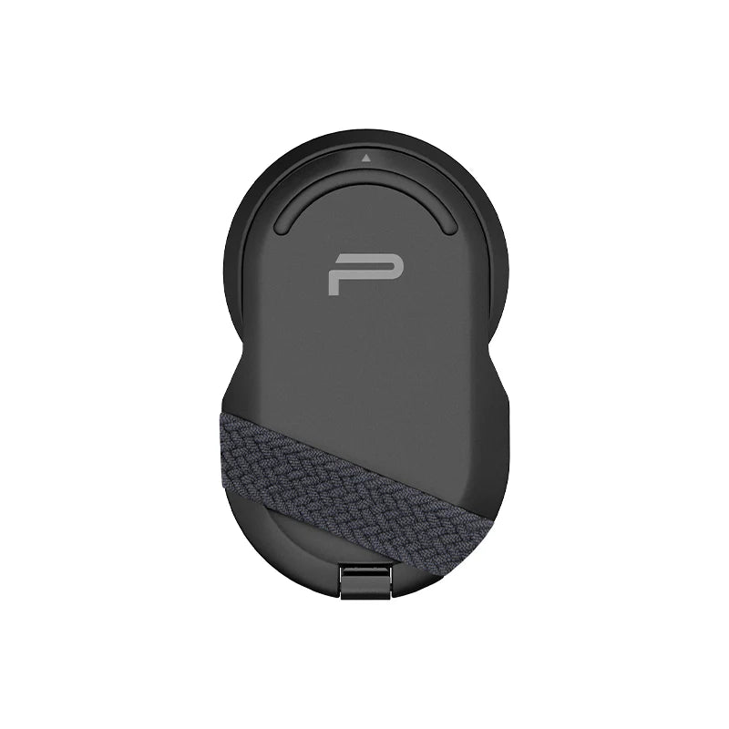 Black and gray device with a brand logo on a white background